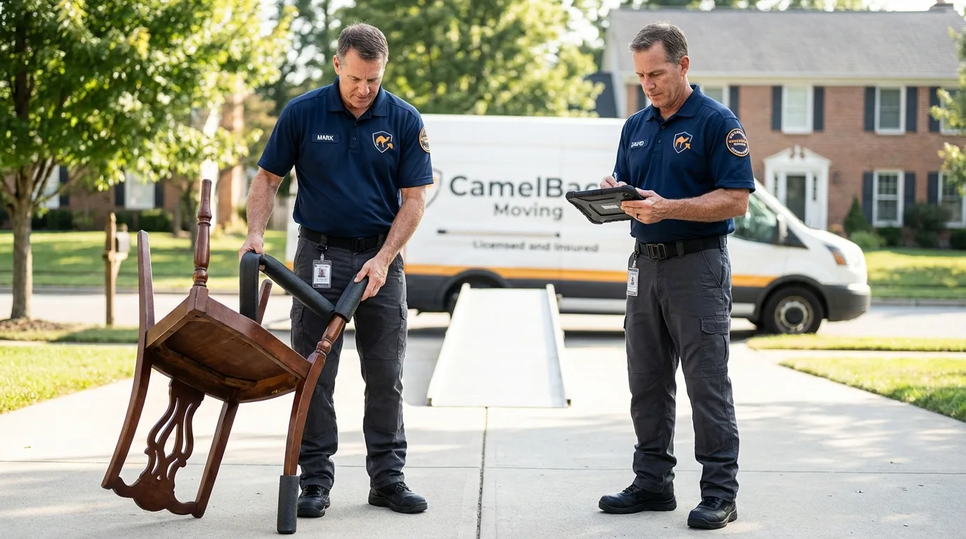 Movers inspecting furniture for damage prevention before loading in Marana, AZ