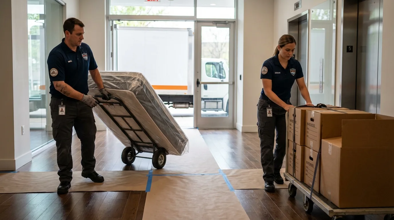 Professional apartment movers loading elevator in Marana, AZ